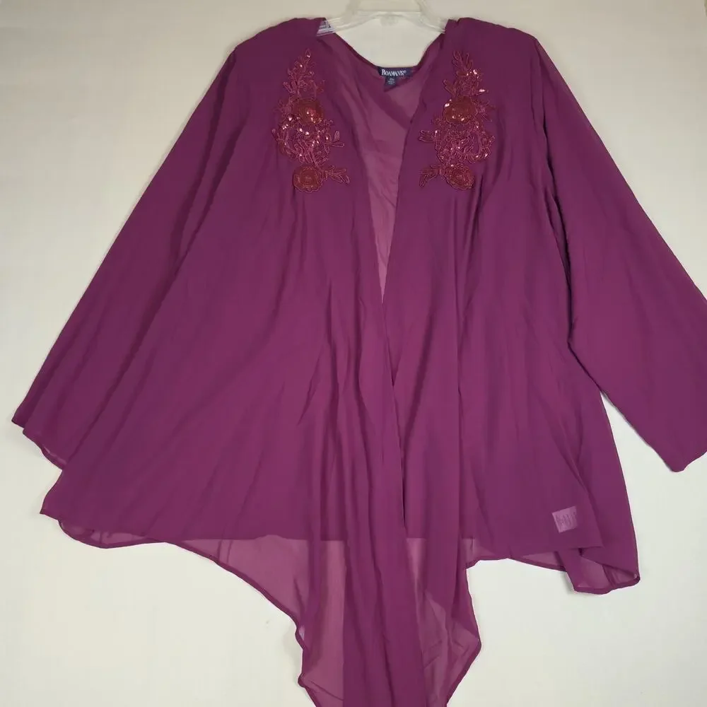 Roaman's 2 Pc Dress & Sheer Jacket Set 38W Purple Sequin Embroidered Plus Size